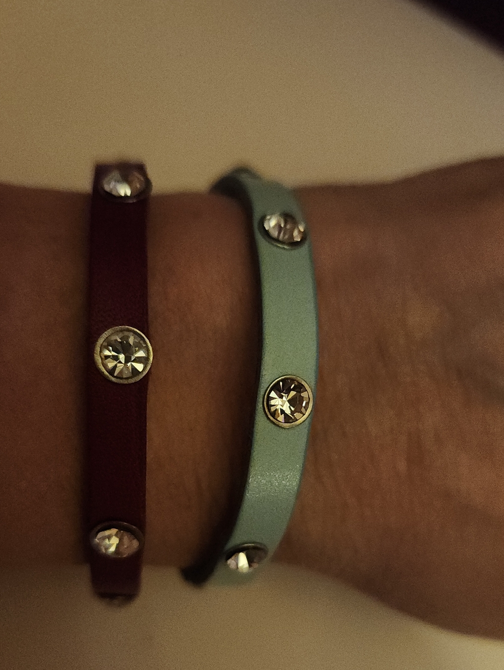 Leather Crystal Stud Bracelet - Blue and Burgundy Red